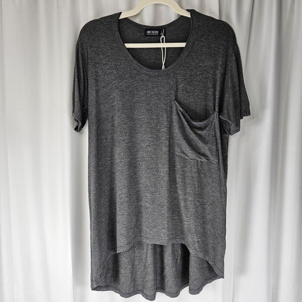 Women’s Large Gray Pocket Tee 100% Rayon Hi Low Hem Made In USA